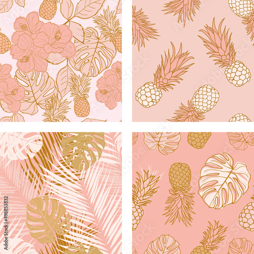 Beautiful hibiscus flowers  leaves  pineapples seamless pattern background set. Tropical nature wrapping paper or textile design set. Beautiful print with hand-drawn exotic plants.