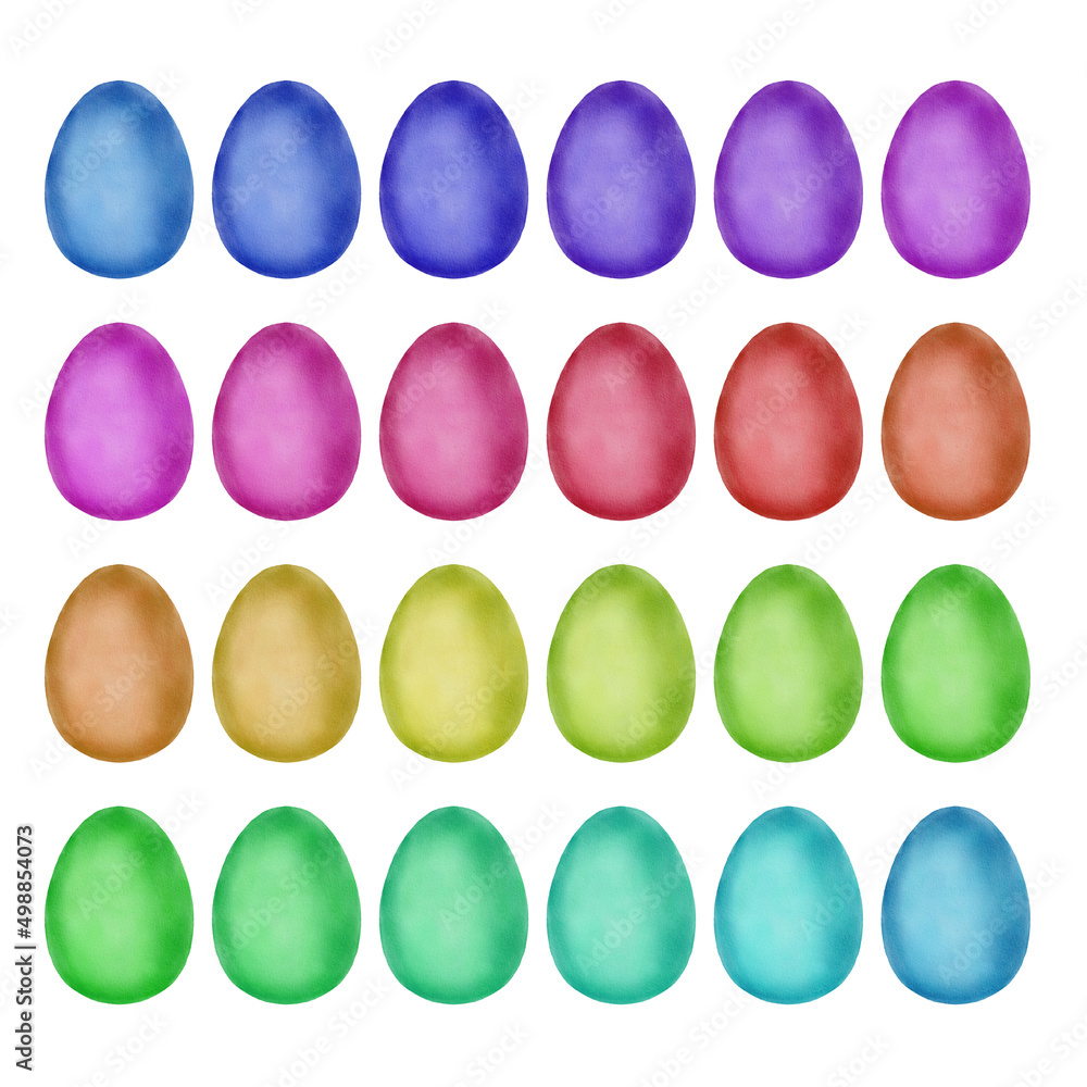 Big watercolor set of easter eggs isolated on white. Multicolour hand drawn egg.