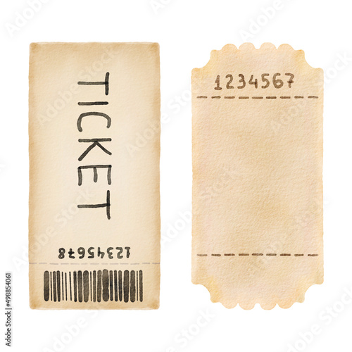 Two watercolor hand drawn tickets isolated on white background