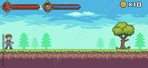 Pixel art game scene with character, life bar and mana, tree, cloud vector background for 8bit game