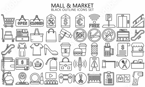 Market Shopping mall, retail, minimal outline icon set with sale offer and payment symbols. Outline icons collection. Used for web, UI, UX kit and applications, vector EPS 10 ready convert to SVG