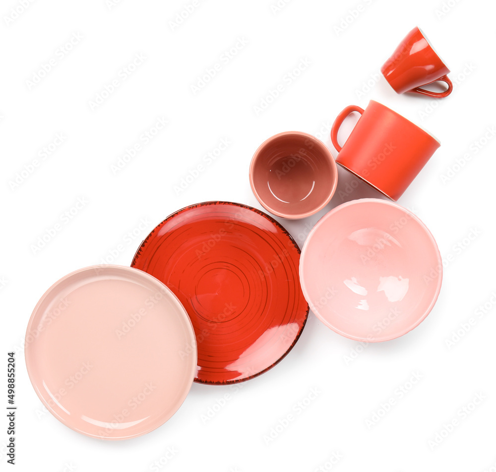 Set of stylish dinnerware on white background Set of stylish dinnerware on white background