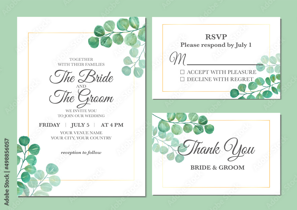Hand painted of watercolor eucalyptus leaves as wedding invitation.