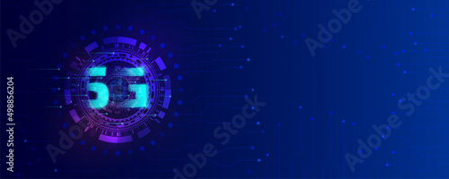 5G symbol with blue abstract futuristic background. 5th generation of wireless internet connection. Digital Global network high-speed technology concept.