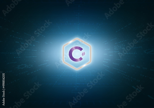 C Sharp sign and program code on blue background. c# programming concept. Coding language, Software development. Learning C Sharp, training, computer courses, Web banner. Vector illustration.