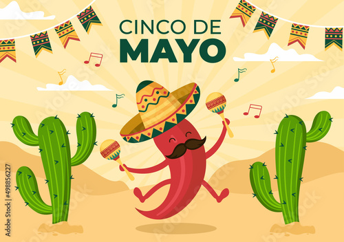 Cinco de Mayo Mexican Holiday Celebration Cartoon Style Illustration with Cactus, Guitar, Sombrero and Drinking Tequila for Poster or Greeting Card
