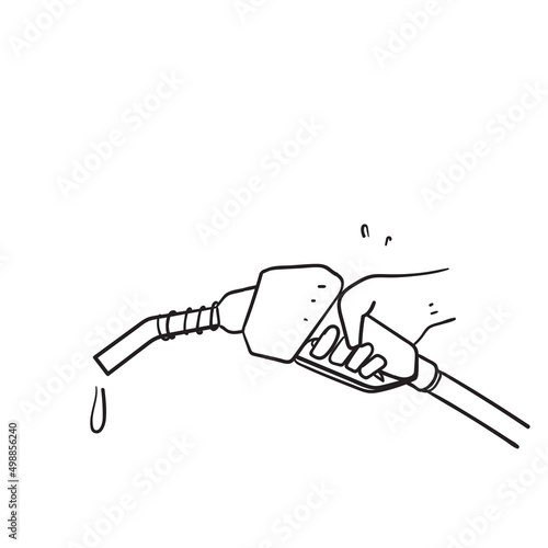 hand drawn doodle hand holding fuel pump gasoline nozzle illustration vector isolated