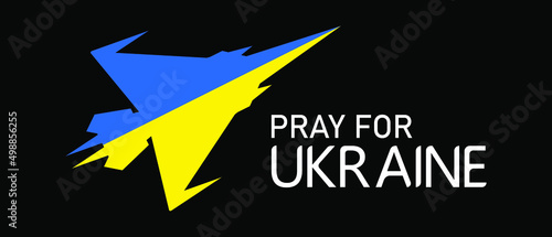 Military plane in color of Ukrainian flag with Pray for Ukraine text on black background. Vector illustration EPS 10