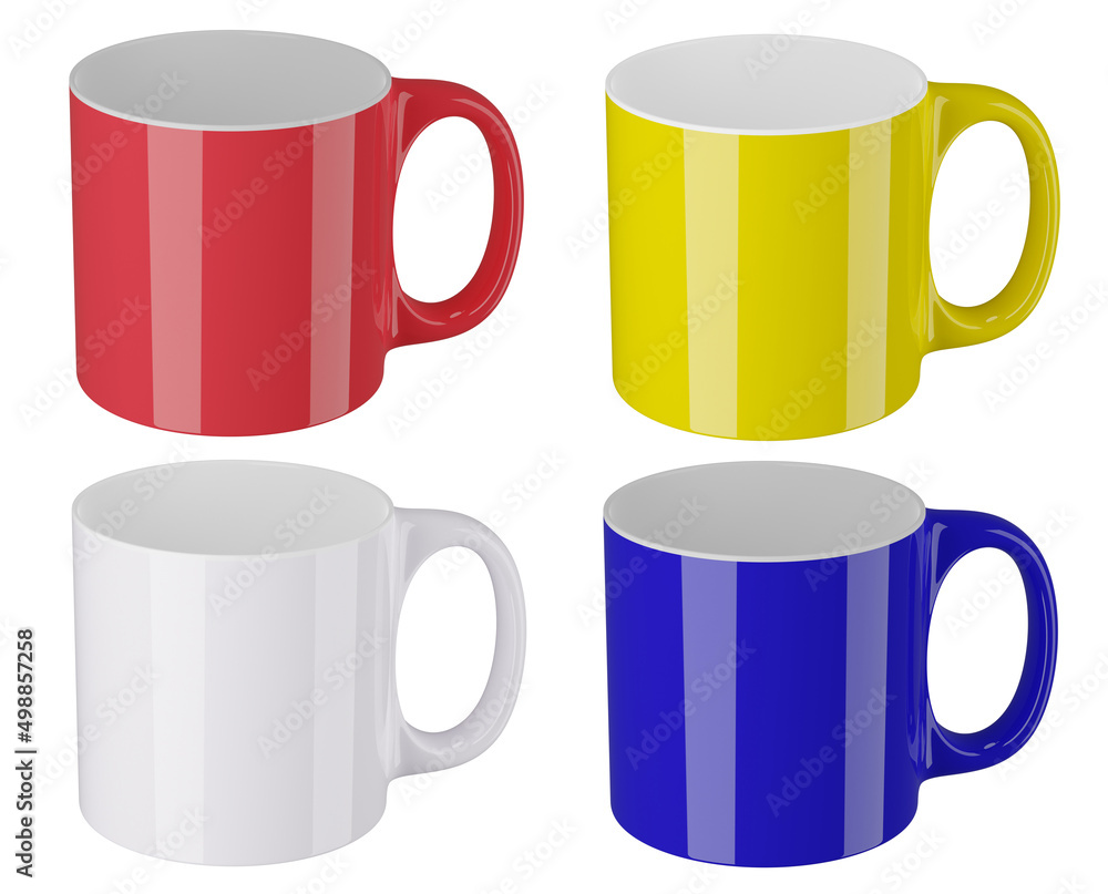 Realistic red cup yellow cup blue cup and white coffee cup for mock up isolated on white background 3D render Realistic red cup yellow cup blue cup and white coffee cup for mock up isolated on white background 3D render