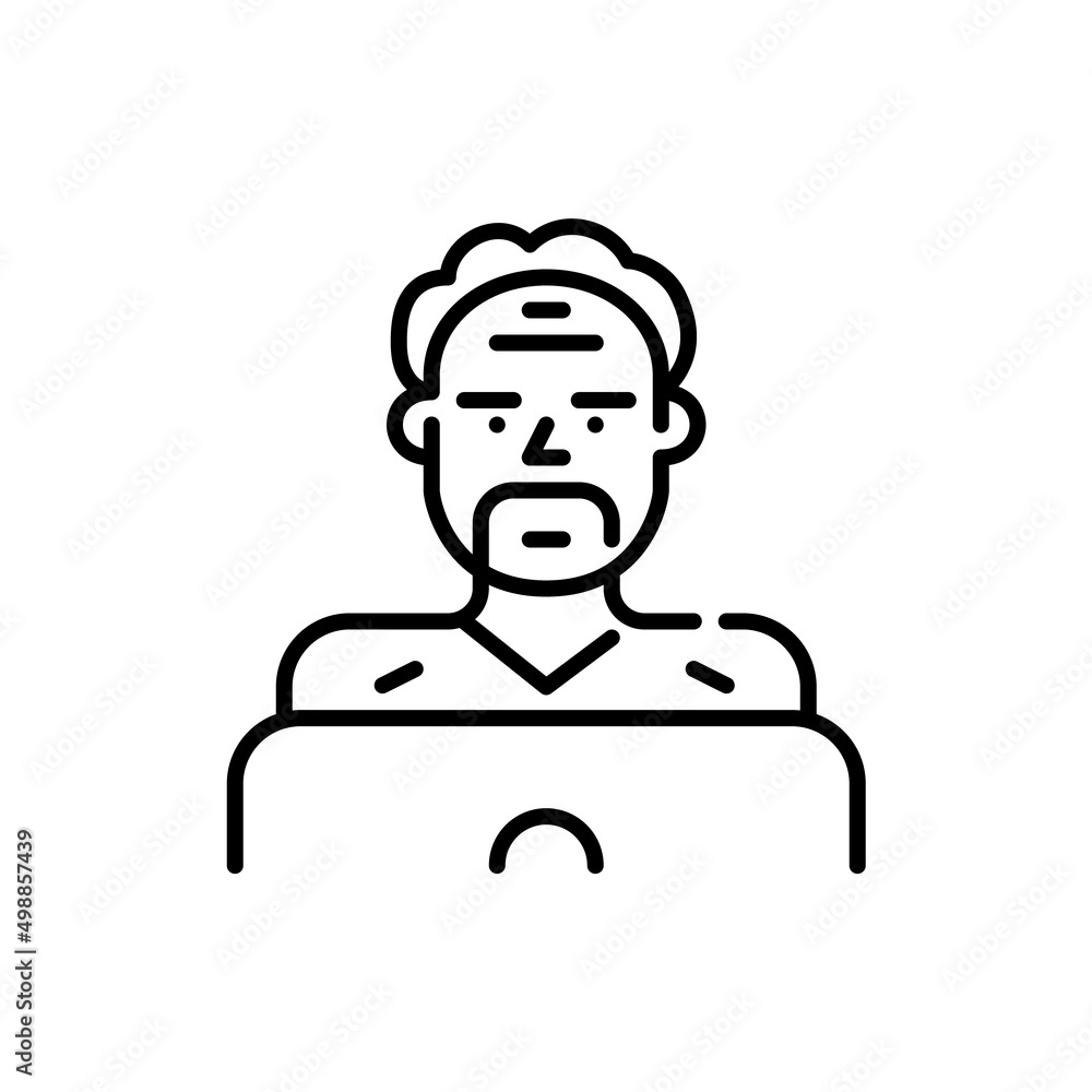Middle-aged man working at a laptop. Older Internet user. Pixel perfect, editable stroke icon