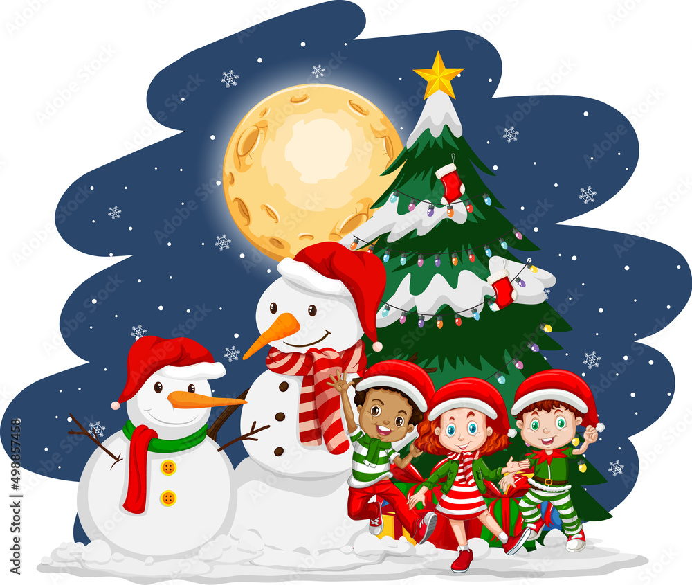 Christmas night with happy children in Christmas costumes Christmas night with happy children in Christmas costumes
