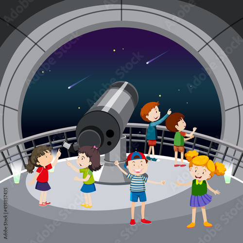 Astronomy theme with many kids looking at stars