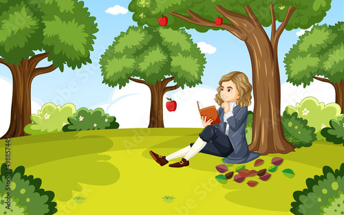 Isaac Newton sitting under apple tree