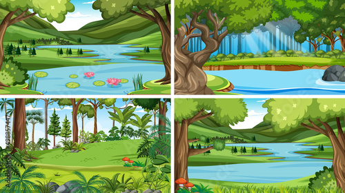 Nature scene with many trees and river