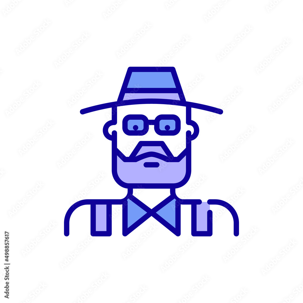 Bearded older man. Farmer in a hat and overall. Pixel perfect, editable stroke color icon