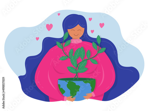 Young  woman holding the planet Earth earth with trees planted concept of conservation, planting, world environment day, biotechnology, green planet natural illustrator vector
