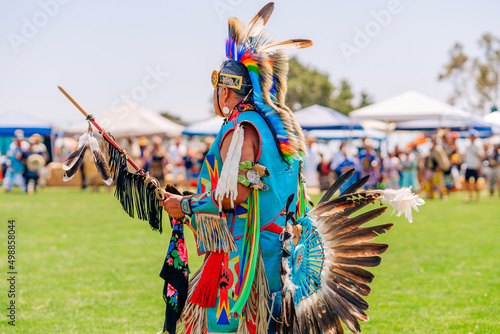 Powwow.  Native Americans dressed in full regalia. Details of regalia close up.  Chumash Day Powwow and Intertribal Gathering. photo