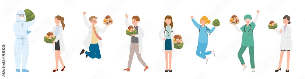 Nursing staff or doctor or medical expert or scientist male or female team, traditional food for Chinese Dragon Boat Festival: Zongzi Nursing staff or doctor or medical expert or scientist male or female team, traditional food for Chinese Dragon Boat Festival: Zongzi