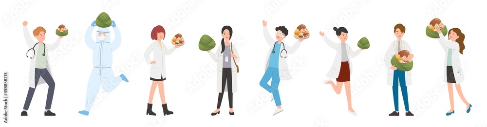 Nursing staff or doctor or medical expert or scientist male or female team, traditional food for Chinese Dragon Boat Festival: Zongzi Nursing staff or doctor or medical expert or scientist male or female team, traditional food for Chinese Dragon Boat Festival: Zongzi
