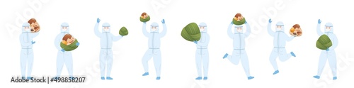 Nursing staff or doctor or scientist team, medical specialist with protective clothing, traditional food for Chinese Dragon Boat Festival: Zongzi