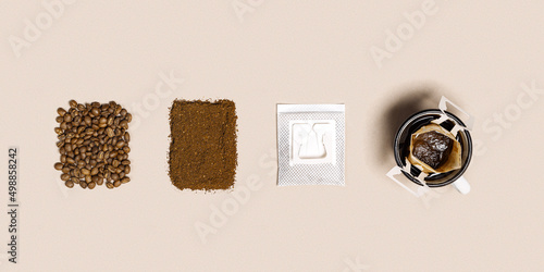 Drip coffee bag in cup, ground coffee and coffee beans,  pack with paper bag dri Fototapet