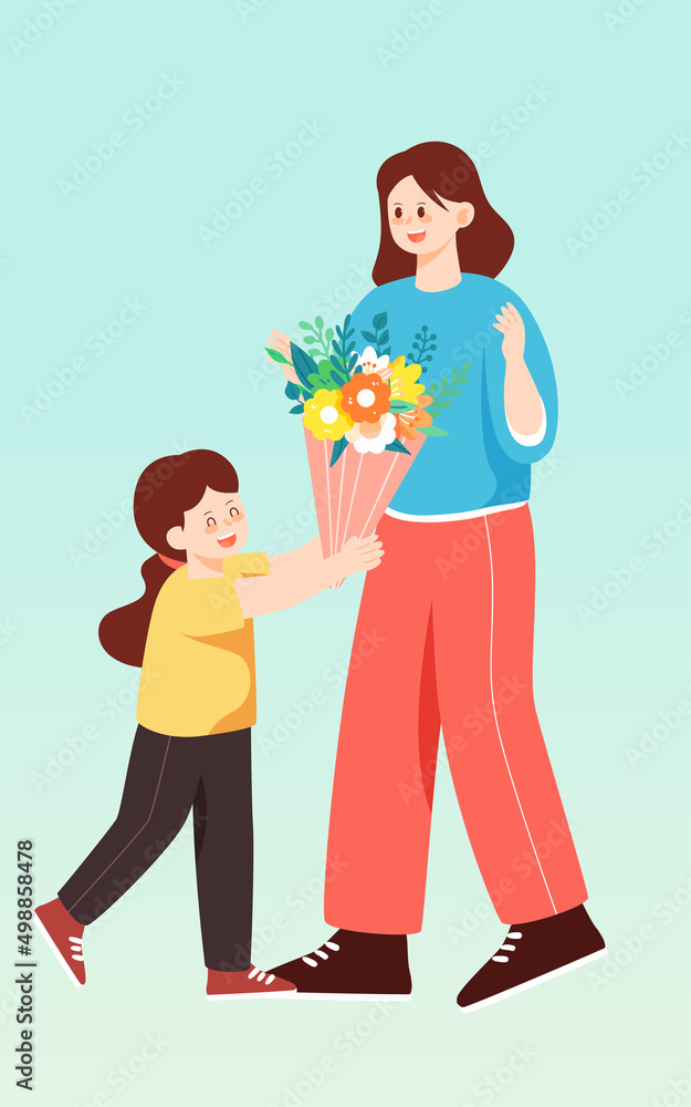 Mother's day girl gives her mother flowers with plants and trees in the background, vector illustration Mother's day girl gives her mother flowers with plants and trees in the background, vector illustration