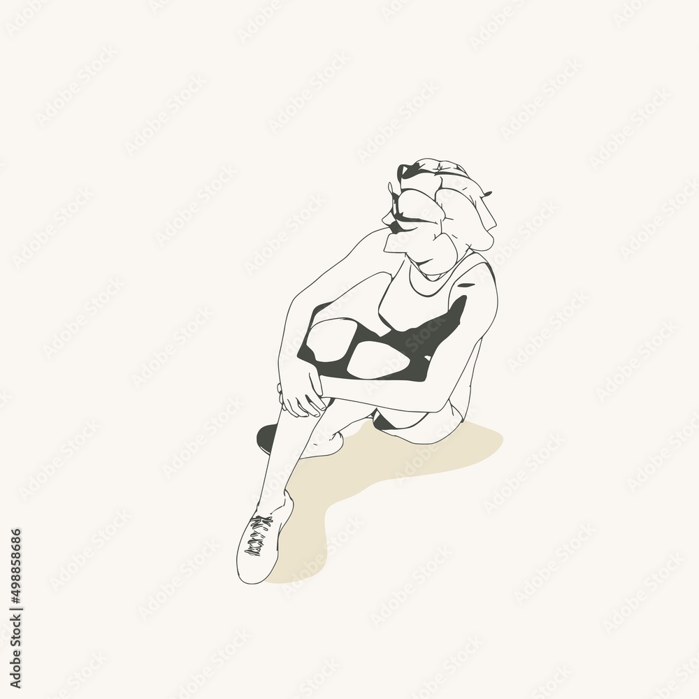 Beautiful woman resting after exercise. Sport girl illustration. Young woman wearing workout clothes. Sport fashion girl outline in urban casual style. Top view
