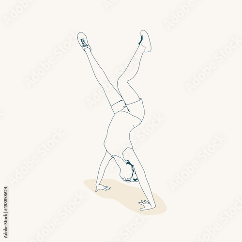 Young female workout. Sport girl doing fitness exercise. Casual sportwear - t-shirt, breeches and sneakers. Young woman wearing workout clothes. Sport fashion girl outline in urban casual style.