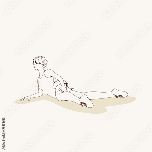 Lying woman. Sport girl illustration. Casual sportwear - t-shirt, breeches and sneakers. Young woman wearing workout clothes. Sport fashion girl outline in urban casual style.
