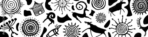 Panel on the ethnic theme. A series of petroglyphs, rock paintings, vector design.