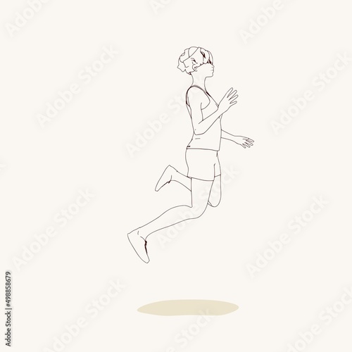 Jumping beautiful woman. Sport girl illustration. Young woman wearing workout clothes. Sport fashion girl outline in urban casual style.
