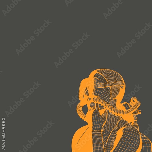 Monochrome silhouette of confused diver. Mesh grid texture