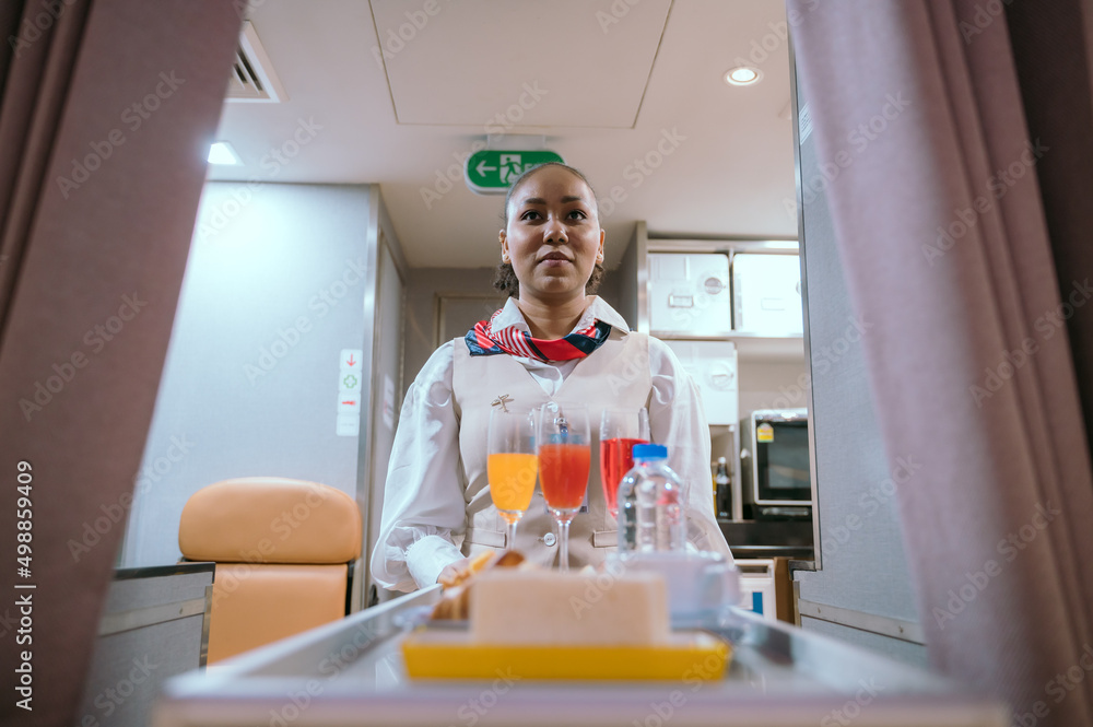 Cabin crew or air hostess working in airplane. Airline transportation and tourism concept. Cabin crew or air hostess working in airplane. Airline transportation and tourism concept.