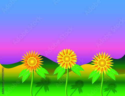  Background design vector of sunflowers in green lands and morning beautiful sky