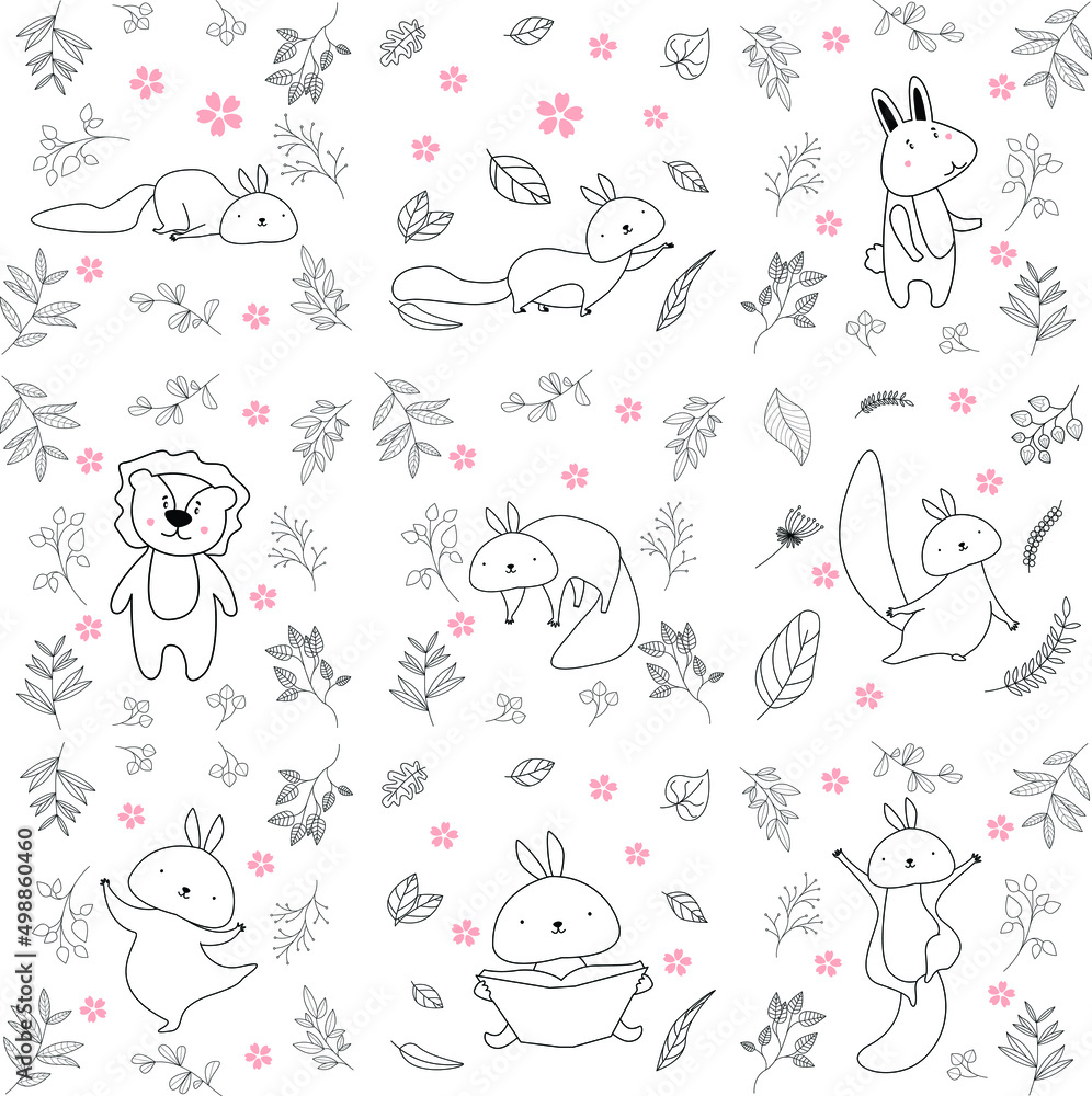 cartoon activity illustration a set of animals hand drawn elements for children's coloring book design, children's book. eps vector image.