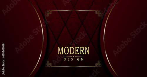 Red textured design, round frames on the sides with a gold tone border