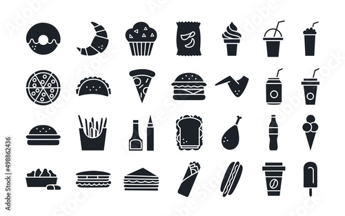 Fast food icon set. Isolated vector silhouettes