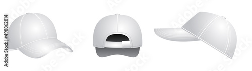 realistic white baseball cap set back front   and side views on white background. baseball   cap set sport outdoor hat.   © Vio