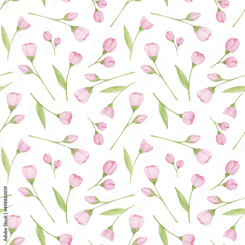 Seamless pattern with pink flowers on white background.  Watercolor spring pattern, simple botany elements. Texture for girl fabric, wrapping paper, nursery wallpaper. Soft floral background.