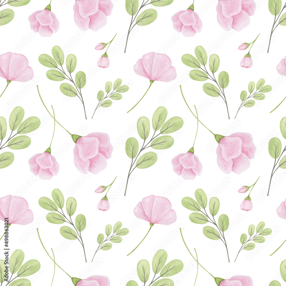 Seamless pattern with pink flowers and greenery on white background.  Watercolor summer pattern, simple botany elements. Texture for girl fabric,  nursery wallpaper. Soft floral background.