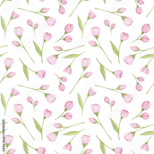 Seamless pattern with pink flowers on white background. Watercolor spring pattern, simple botany elements. Texture for girl fabric, wrapping paper, nursery wallpaper. Soft floral background.