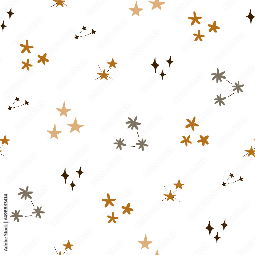Pattern with constellations in warm colors of boho style. Vector illustration isolated on white background for textile and nursery decoration
