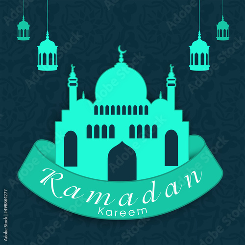 Ramadan Kareem Message Ribbon With Sticky Turquoise Mosque And Lanterns Hang On Blue Damask Or Islamic Pattern Background.
