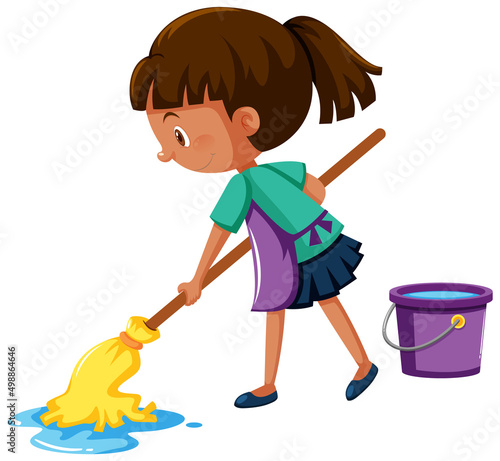 Girl mopping the floor on white background