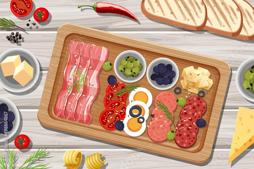Top view of lunch meat on a wooden tray