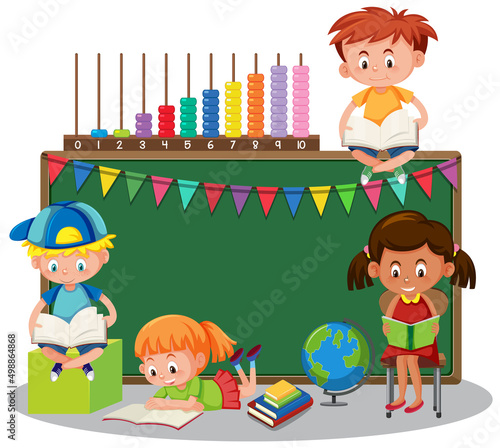 Happy children with blackboard banner