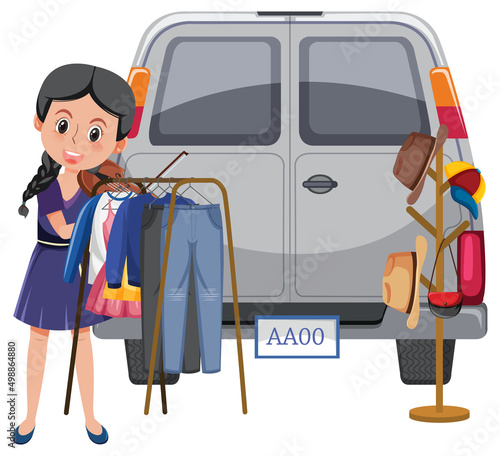 Woman selling clothes at yard sale
