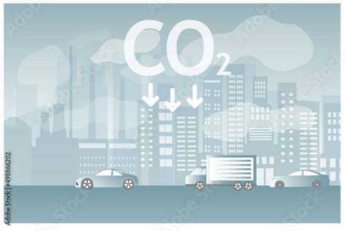 CO2 carbon emissions reduction concept. Air pollution from industrial smoke factories. Greenhouse warming effect in city life vector illustration