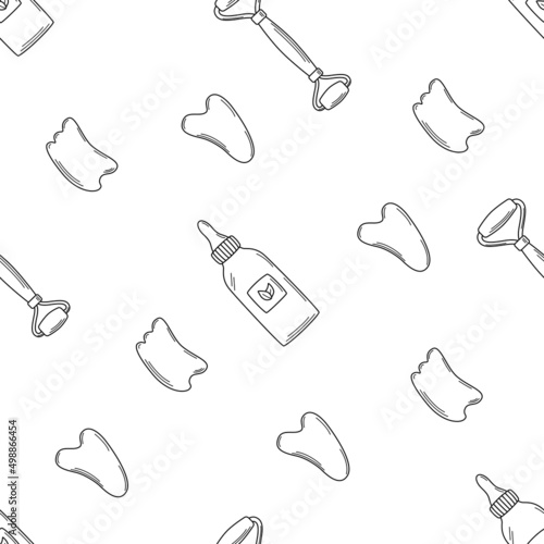 Seamless pattern of trendy gua sha scrapers made of natural stone and cosmetic oil, roller massager for facial care. Vector illustration skin care concept.