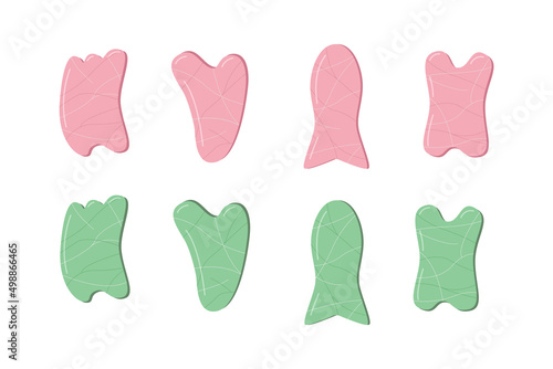 A set of trendy gua sha scrapers made of natural stone, massager for facial care. Vector illustration skin care concept.